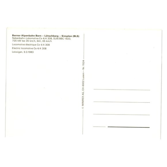 Berner Alpenbahn BLS Locomotive Postcard SLM BBC 1920 Electric Train Switzerland - Picture 2 of 2